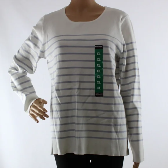 Kirkland | Ladies Gray & Cream Crewneck Long Sleeve Sweater Striped Top - Picture 6 of 6
